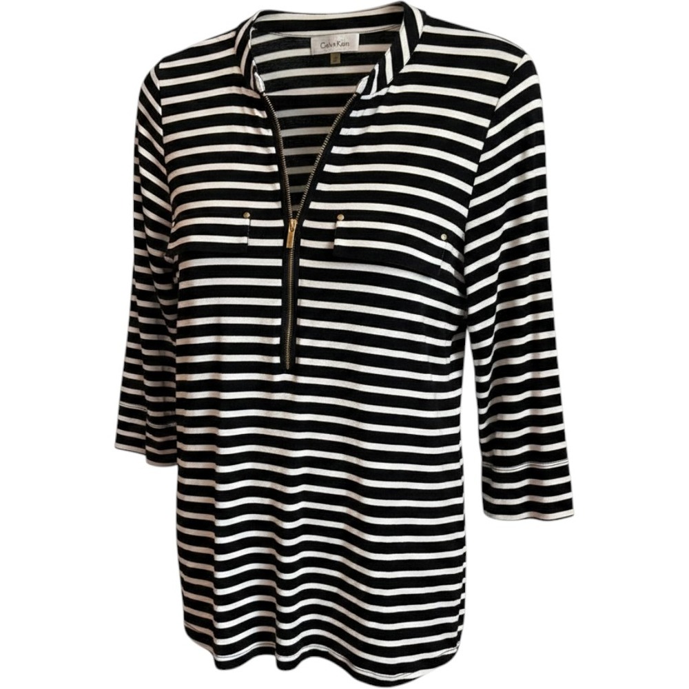 Calvin Klein Black White Striped Gold Half Zip Blouse Womens Small 3/4 Sleeve
